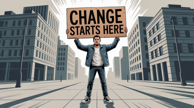 Man holding 'change starts here' sign in city street with modern buildings symbolizing revolution and activism