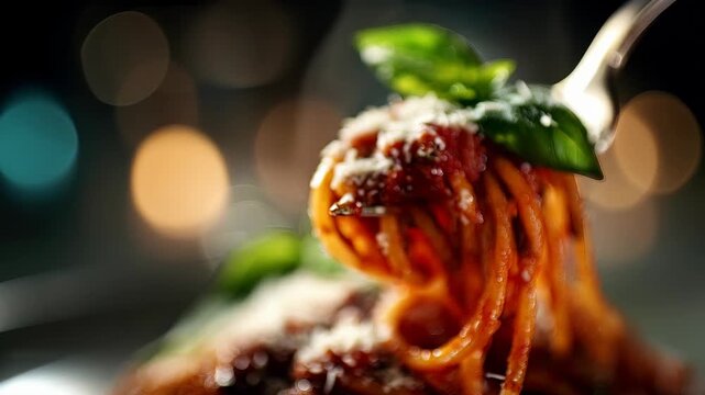Close up of twirled spaghetti with tomato sauce and basil on a fork, sprinkling parmesan cheese, cinematic bokeh background