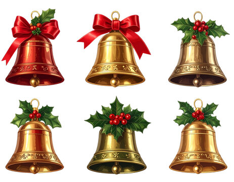 a set of christmas bells isolated on a transparent background, generative ai