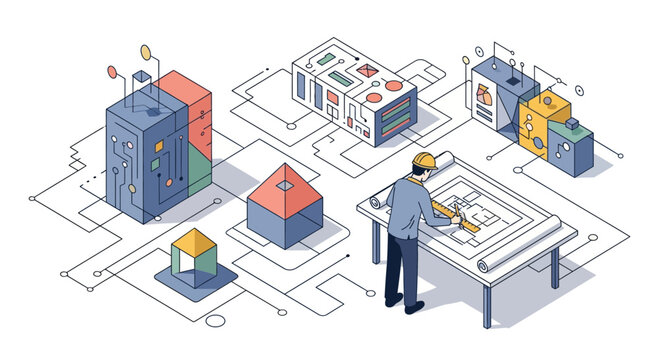 Architect working on building plans with 3D models and blueprints in technical isometric workspace design layout