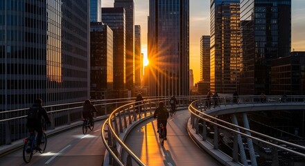 Fototapeta premium Modern Cityscape at Sunset with Cyclists on Elevated Walkway.