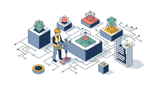 Industrial isometric engineer worker using power drill on digital tech circuit board building futuristic abstract geometric structures for complex infrastructure architecture development
