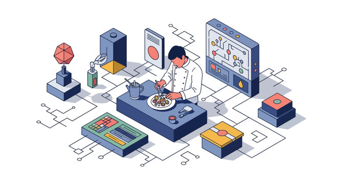 Chef at work in tech kitchen with data and tools for food art prep now
