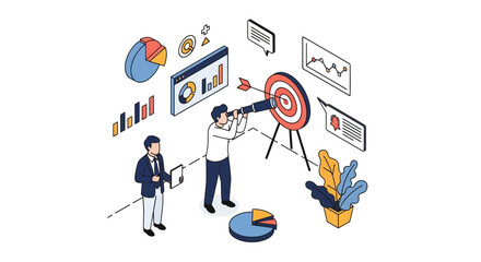 Fototapeta premium Aim big plan well for work goal with team and data at office desk view
