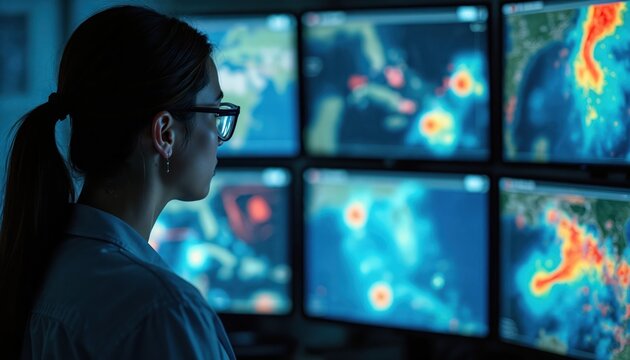 Woman with glasses analyzes weather data on multiple screens showing storm paths and intensity. Professional analyzing atmospheric conditions, meteorology, forecasting severe weather events.