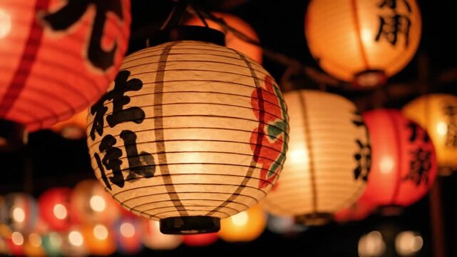 Japanese Paper Lanterns Glowing at Night, Traditional Festival Illuminations