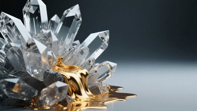 透明なクリスタルの群れとそこに流れ落ちる黄金色の液体の画像