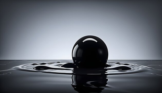 Premium black sphere floating on abstract dark liquid background