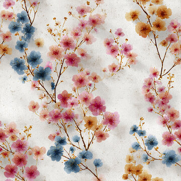 Soft watercolor micro floral seamless repeat tile stylize fbd be abb afb gigapixel standard height px pattern with delicate pink, blue, and beige flowers thin branches, creating gentle and elegant