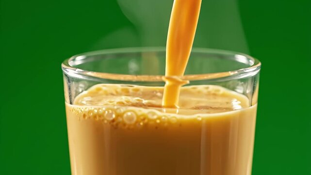 Close Up Pour Of Warm Golden Milk Haldi Doodh Into Clear Glass On Green Background With Steam Rising Cinematic Shot