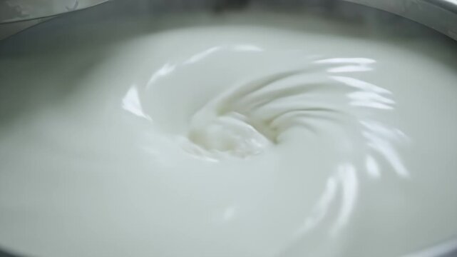Close Up Of White Liquid Swirling In Industrial Mixer During Milk Processing UHT Production Factory