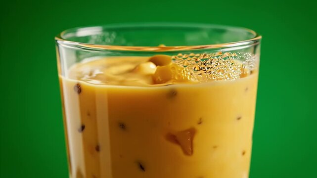 CloseUp Of A Delicious Pumpkin Yogurt With Chunks Of Fruit And Dark Seeds In A Clear Glass With A Vibrant Green Background In Studio Lighting Perfect For Food Commercials