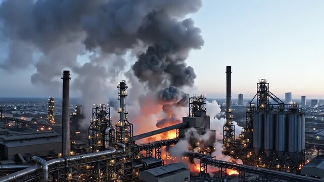 Industrial Refinery Fire Incident with Thick Smoke Plume and Distant Cityscape under Twilight Sky Heavy Equipment