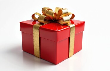 Obraz premium Bright red gift box with shiny gold ribbon and bow. Square present sits on white surface, isolated for celebratory occasions. Perfect for holidays and special events.