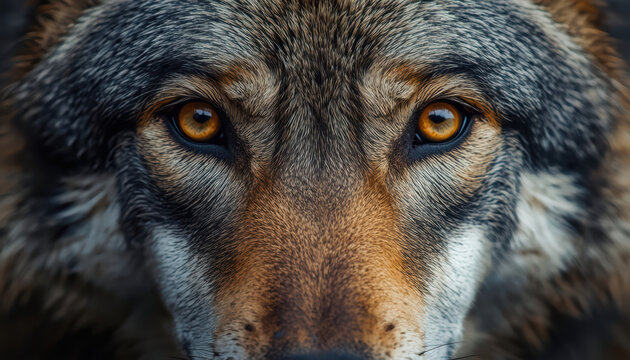 Close up wolf portrait with intense amber eyes and textured fur