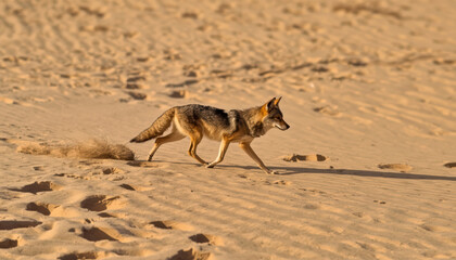 Obraz premium Desert fox walking across sand with visible footprints and warm golden light