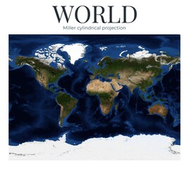 High-detail physical world map in Miller cylindrical projection. Features continents, oceans, and topography. June View. Elements of this image furnished by NASA. © Eugene Ga