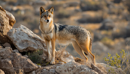 Obraz premium Desert coyote wild canid rocky terrain arid landscape standing alert golden light wildlife