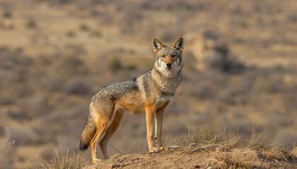 Fototapeta premium Coyote standing on sandy hill in arid grassland at sunset, alert and calm
