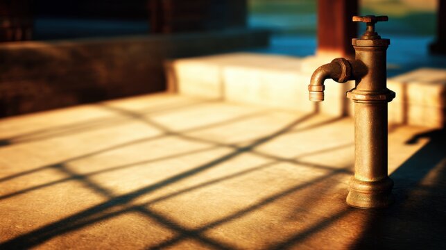A vintage water faucet casting shadows on textured ground in soft, warm light