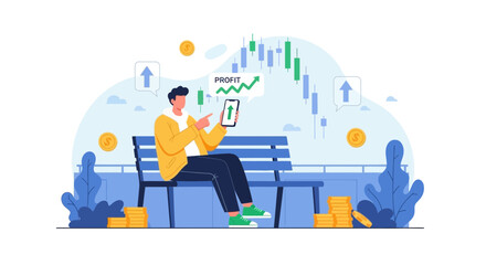 Naklejka premium Man checks stock market profit on phone while sitting on bench with coins and charts