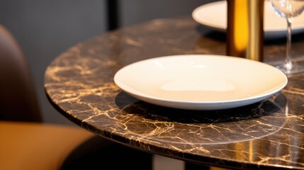 Obraz premium A stylish marble dining table setting featuring a white plate, elegant glassware, and warm tones