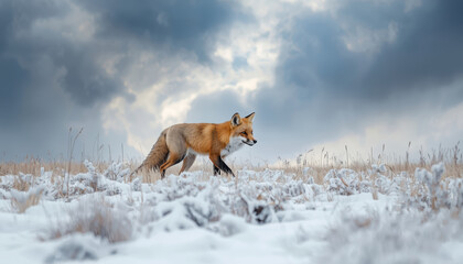 Obraz premium Red fox in snowy field with dramatic cloudy sky conveying quiet focus