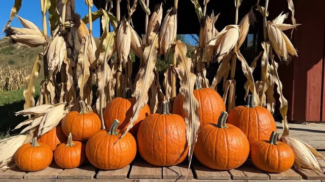 Close up of an orange pumpkin with visible texture and imperfections, surrounded by dried corn husks and other pumpkins, autumn harvest scene
