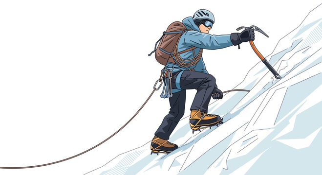 Determined Climber Ascends Steep Icy Mountain With Ice Axe And Gear
