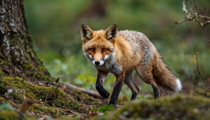 Fototapeta premium Red fox forest mossy floor alert gaze agile
