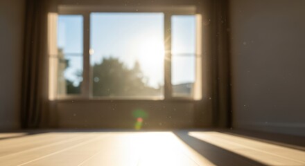Fototapeta premium Sunlight streaming through a large window into an empty room with wooden floor.
