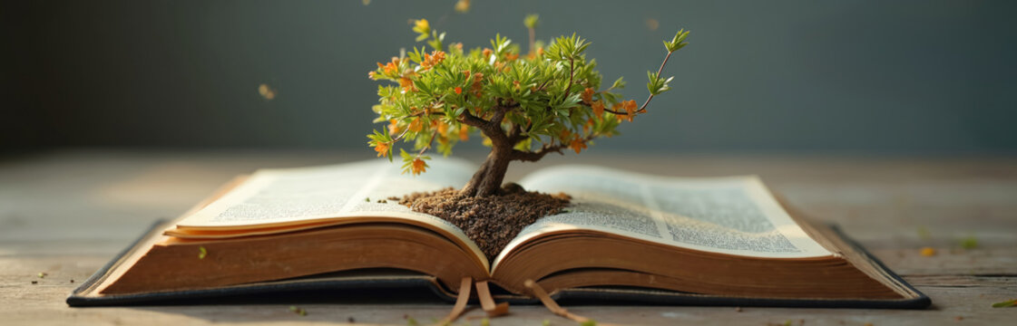 Open book grows green sapling in sun. Tree emerges from pages. Knowledge leads to growth, new life, wisdom. Bible, education, faith, spirituality, learning.