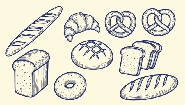 Vintage style assorted bakery products including baguette croissant pretzel bagel and sliced toast bread hand drawn vector illustration doodle art