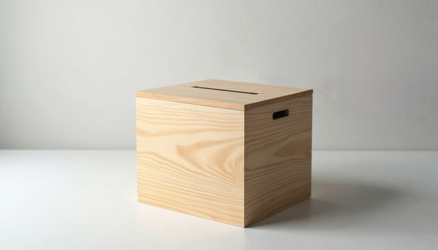 Wooden ballot box isolated on white background. Used for voting in elections and political decisions. Symbolizes democracy and citizen participation. Simple design, light wood.