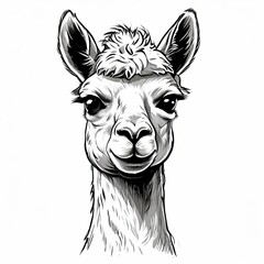 Fototapeta premium Alpaca portrait illustration. Monochrome drawing of a cute llama face with fluffy fur. Stylized animal graphic design element for nursery decor, children book, and wildlife stationery.