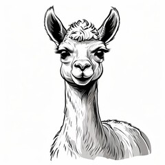 Fototapeta premium Alpaca portrait illustration in black and white sketch style. Digital drawing of a fluffy llama creature with large eyes. Farm animal mascot graphic for nature design and zoo concept.