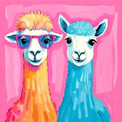 Fototapeta premium Two colorful llamas with one wearing sunglasses. Funny animal illustration with vibrant style. Graphic pop art design for greeting card or poster. Modern creative character concept art.