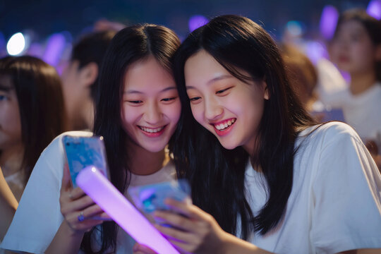 Enthusiastic Korean teenagers enjoying K-pop concert fan culture with light sticks and smartphones