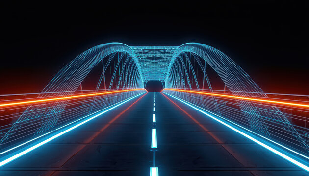 Neon wireframe bridge tunnel with glowing roadway and energy flow, futuristic night drive