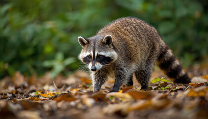 Obraz premium Raccoon forest ground foraging with autumn leaves, curious expression and soft light