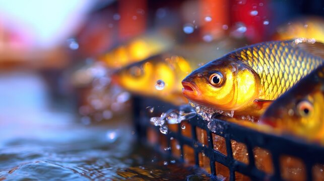 A close-up view of golden fish in a basket, splashing water in a vibrant market setting