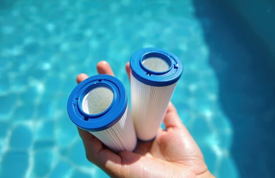 Two new pool filter cartridges held above clear blue water. Maintenance and cleaning supplies for swim pools and spas. Replacement parts for water clarity.