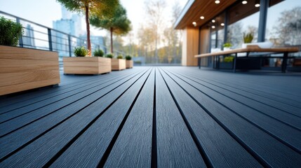 Fototapeta premium Modern outdoor patio deck with wooden flooring, potted plants, and seating area, bathed in soft natural light during early morning or late afternoon.