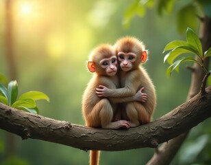 Fototapeta premium Two young monkeys sit on a tree branch, hugging closely with their arms. Soft sunlight filters through the green leaves of their forest habitat.
