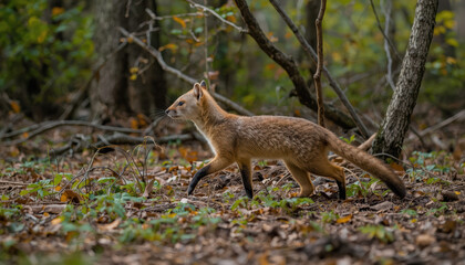 Obraz premium Red fox kit walking through autumn woodland floor with soft light