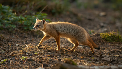 Obraz premium Young fox walking across woodland floor in warm soft backlight