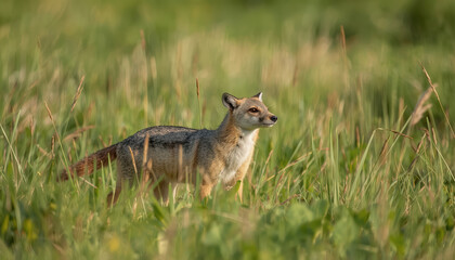 Obraz premium Swift gray fox standing alert in sunlit meadow grass, calm natural expression