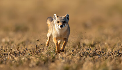 Obraz premium Running fox in golden grass with dynamic motion and focused expression
