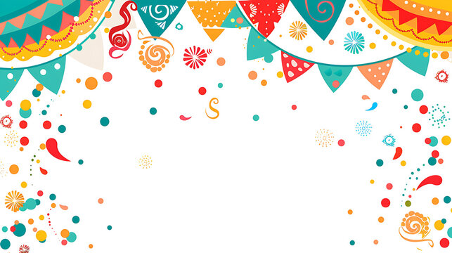Mexican colorful papel picado bunting decoration background with central copy space for Cinco de Mayo party posters.