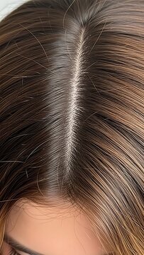 Close-up of a womans scalp and hair parting showing healthy hair growth and texture.